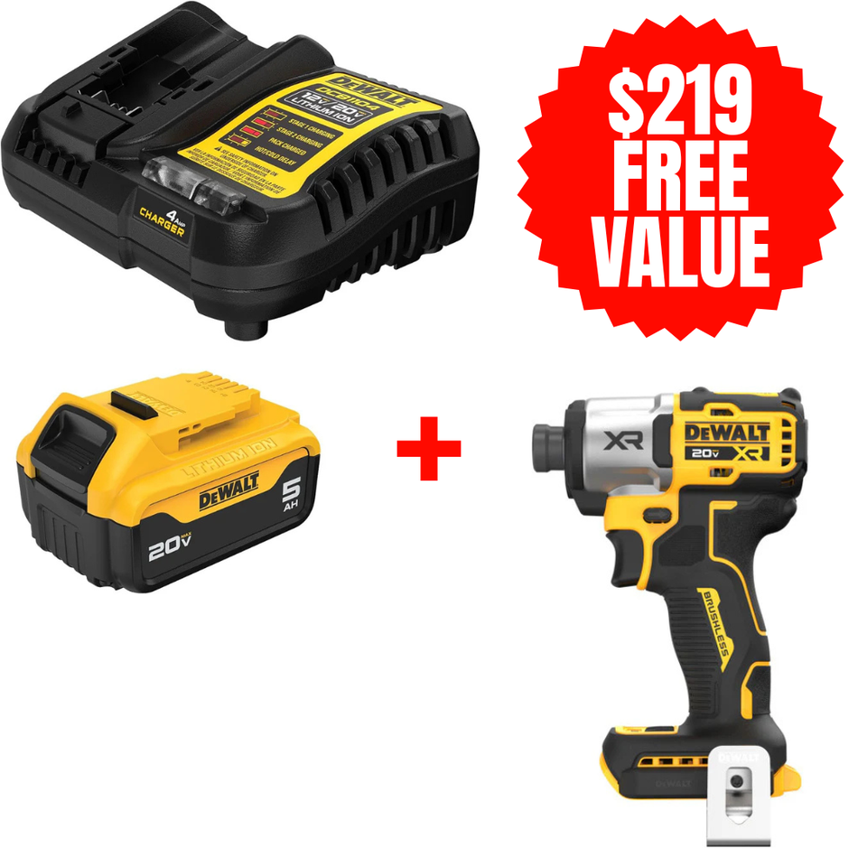 DEWALT DCB205C + DCF845B, 20V MAX 5.0 AH STARTER KIT + FREE 20V MAX XR 1/4" 3-Speed Impact Driver (Tool Only)