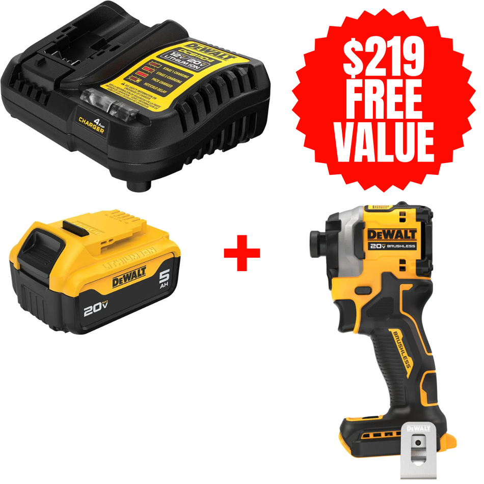 DEWALT DCB205C + DCF850B, 20V MAX 5.0 AH STARTER KIT + FREE Atomic 20V MAX* 1/4 in. Brushless Cordless 3-Speed Impact Driver (Tool Only)