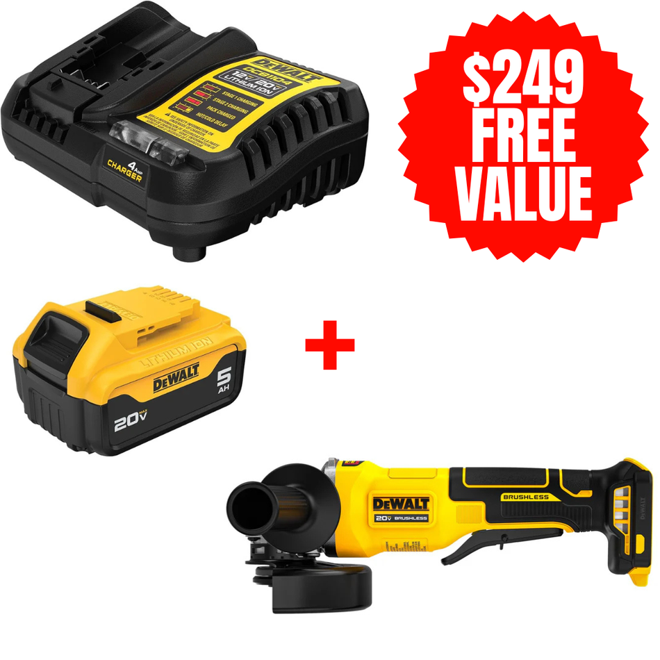 DEWALT DCB205C + DCG408B, 20V MAX 5.0 AH STARTER KIT + FREE 20V MAX* Brushless Cordless 4 1/2 in. Paddle-Switch Grinder (Tool Only)