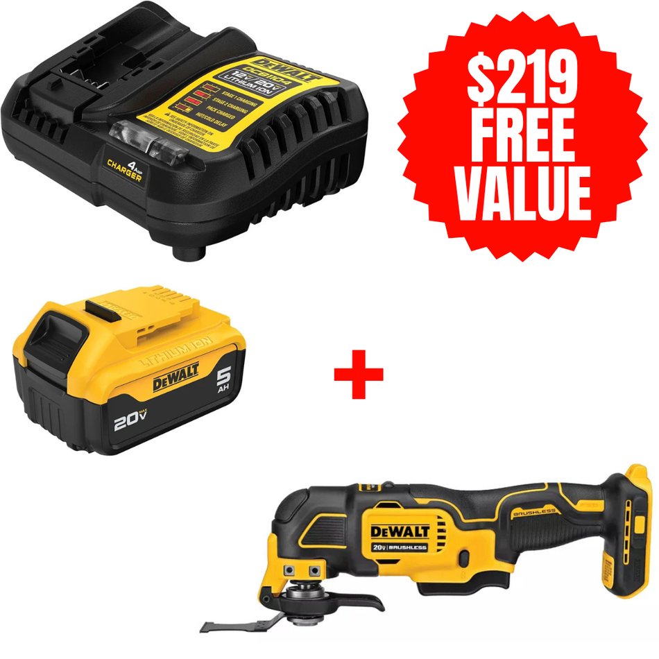 DEWALT DCB205C + DCS354B, 20V MAX 5.0 AH STARTER KIT + FREE ATOMIC 20V MAX Brushless Oscillating Multi-Tool (Tool Only)
