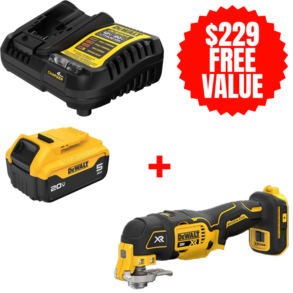 DEWALT DCB205C + DCS356B, 20V MAX 5.0 AH STARTER KIT + FREE 20V MAX XR Brushless 3-Speed Oscillating Multi-Tool (Tool Only)
