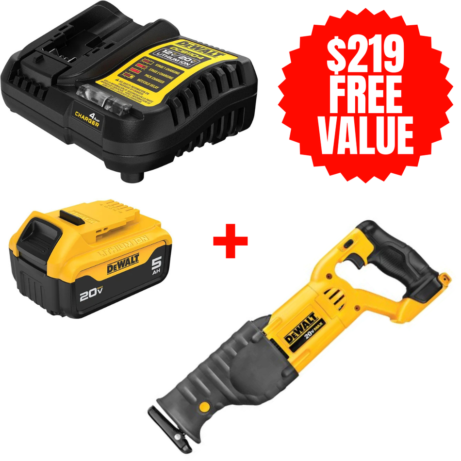 DEWALT DCB205C + DCS380B, 20V MAX 5.0 AH STARTER KIT + FREE 20V MAX RECIPROCATING SAW (Tool Only)