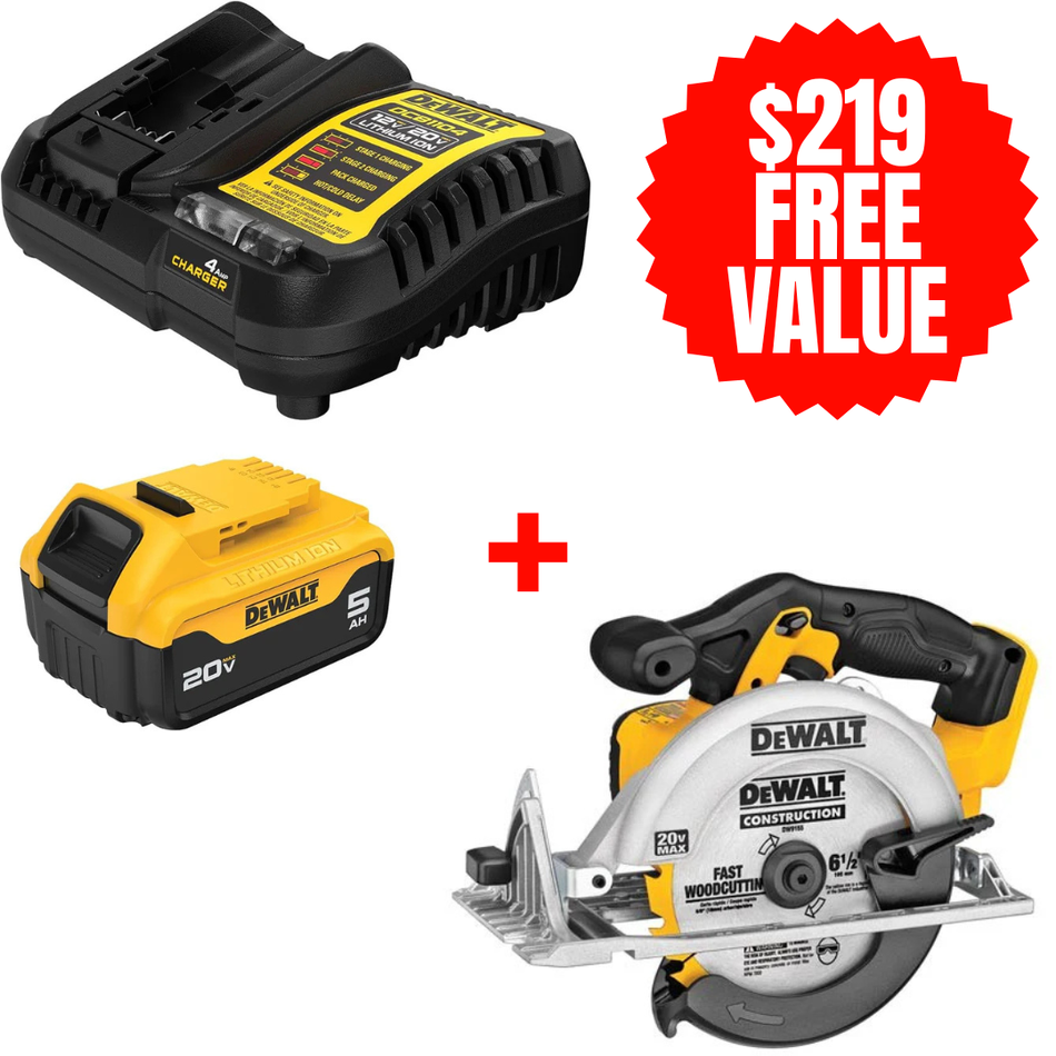 DEWALT DCB205C + DCS391B, 20V MAX 5.0 AH STARTER KIT + FREE 20V MAX 6-1/2'' CIRCULAR SAW (Tool Only)