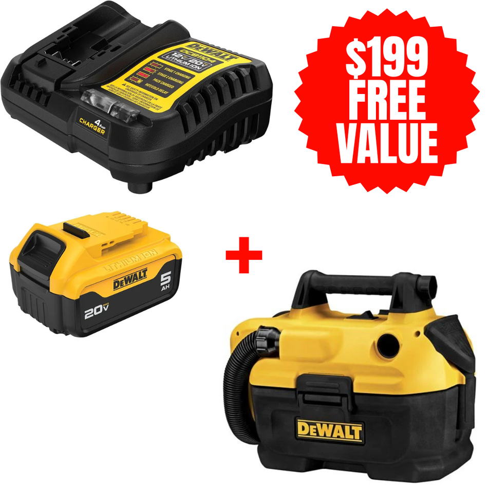 DEWALT DCB205C + DCV580H, 20V MAX 5.0 AH STARTER KIT + FREE 18/20V MAX Cordless Wet-Dry Vacuum