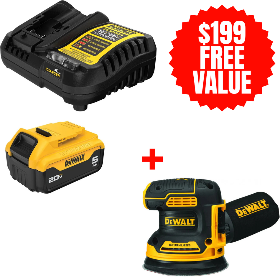 DEWALT DCB205C + DCW210B, 20V MAX 5.0 AH STARTER KIT + FREE 20V MAX XR 5'' VS ROS WITH HOOK & LOOP PAD AND DUST COLLECTION (Tool Only)