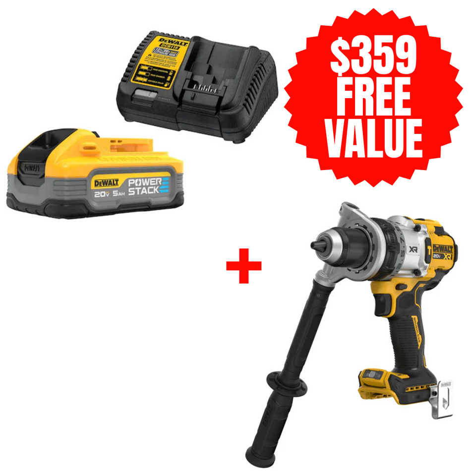 DCBP520C + DCD1007B, POWERSTACK 5AH STARTER KIT + FREE 20V MAX* XR Brushless Cordless 1/2 in. 3-Speed Hammer Drill (Tool Only)