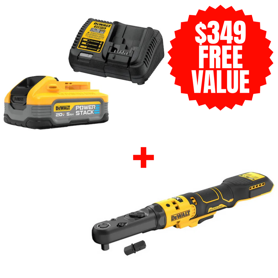DCBP520C + DCF510B, POWERSTACK 5AH STARTER KIT + FREE 20V MAX* XR 3/8” / 1/2” Sealed Head Ratchet (Tool Only)