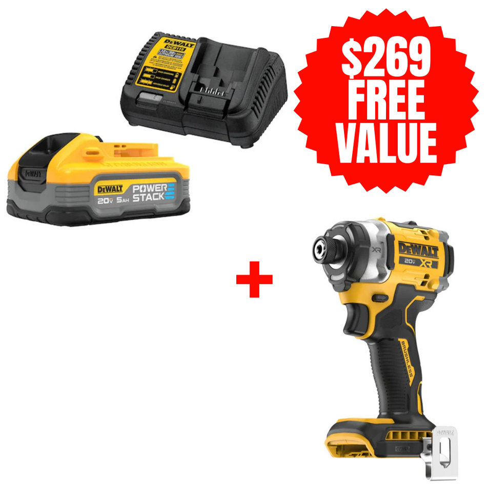 DCBP520C + DCF860B, POWERSTACK 5AH STARTER KIT + FREE 20V MAX XR Brushless Cordless 3-speed High Torque 1/4 In. Impact Driver (Tool Only)