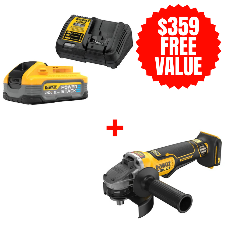 DCBP520C + DCG410B, POWERSTACK 5AH STARTER KIT + FREE 20V MAX* XR® BRUSHLESS CORDLESS 4-1/2 - 5 IN. ANGLE GRINDER (TOOL ONLY)