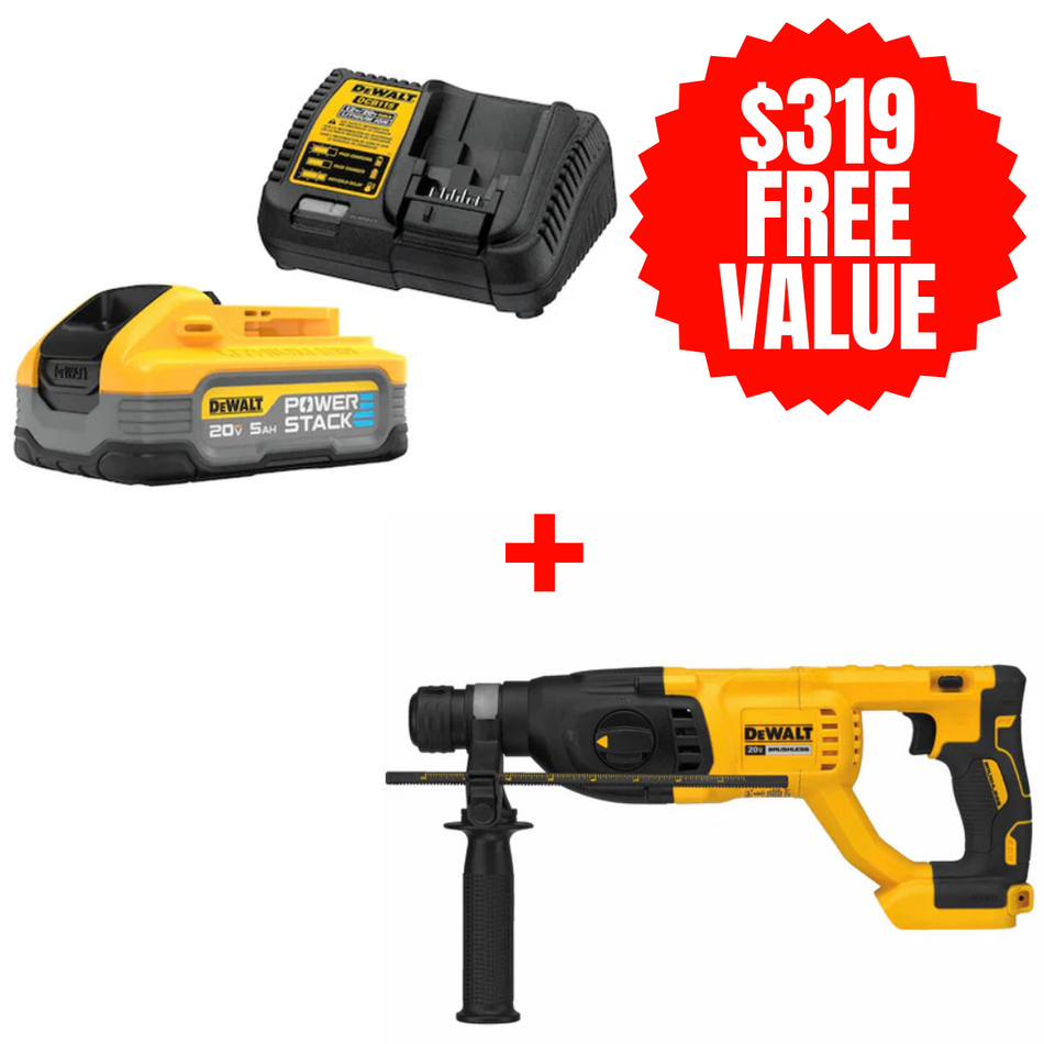 DCBP520C + DCH133B, POWERSTACK 5AH STARTER KIT + FREE 20V MAX XR Brushless 1 in. D-handle Rotary Hammer (Tool Only)