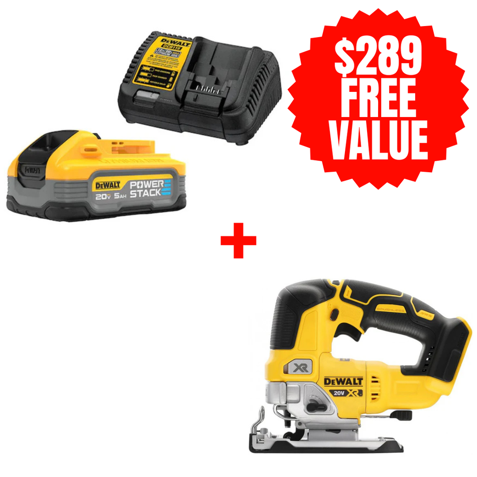 DCBP520C + DCS334B, POWERSTACK 5AH STARTER KIT + FREE 20V MAX XR BRUSHLESS JIG SAW (Tool Only)