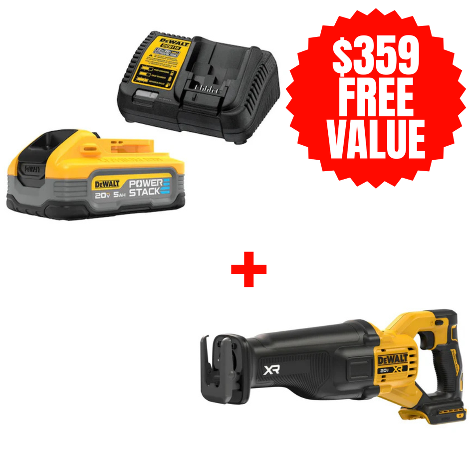 DCBP520C + DCS384B, POWERSTACK 5AH STARTER KIT + FREE 20V MAX* XR® BRUSHLESS CORDLESS RECIPROCATING SAW (TOOL ONLY)