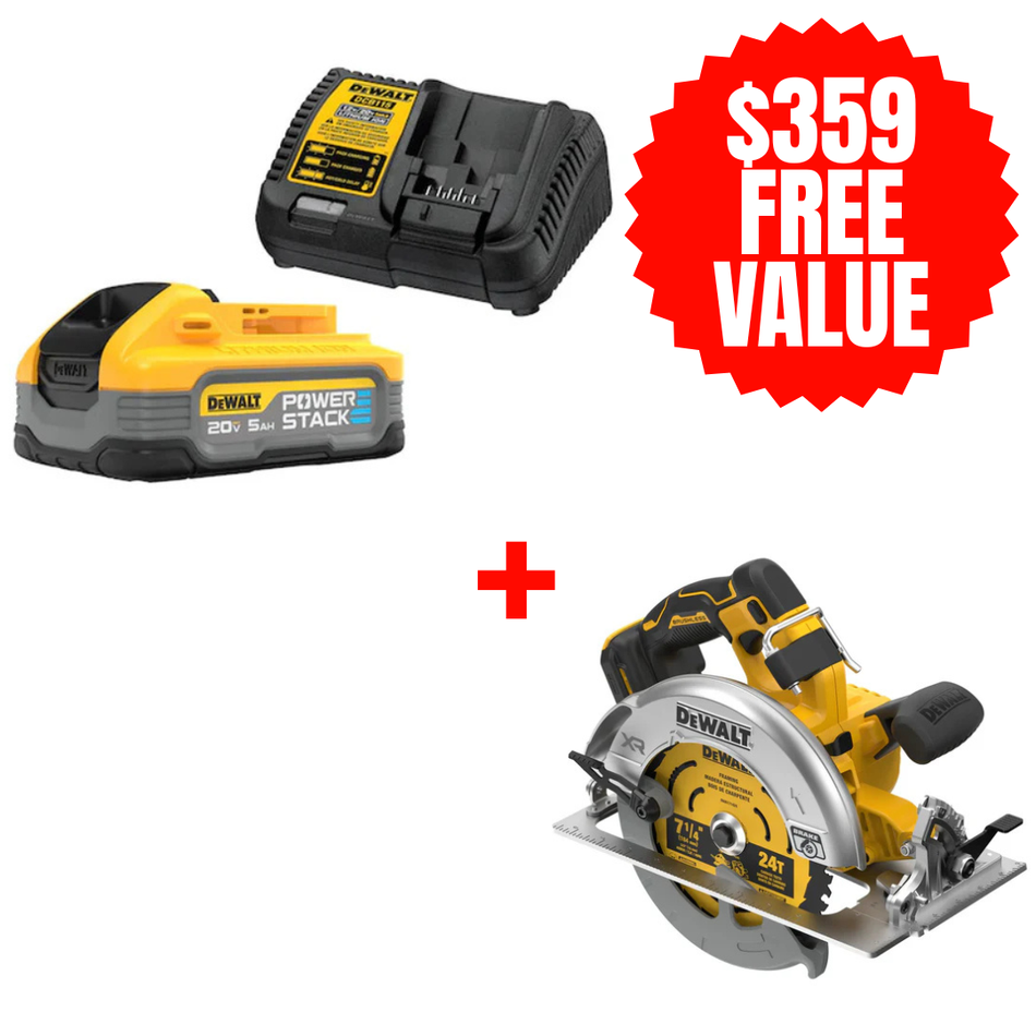 DCBP520C + DCS590B, POWERSTACK 5AH STARTER KIT + FREE 20V MAX* XR® BRUSHLESS CORDLESS 7-1/4 IN. CIRCULAR SAW (TOOL ONLY)