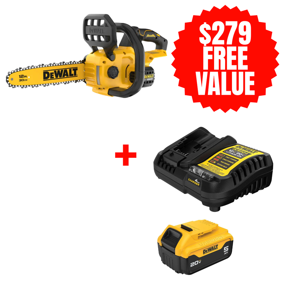 DCCS621B + DCB205C, 20V 12In Chainsaw (Tool Only) + FREE 20V MAX 5.0 AH STARTER KIT