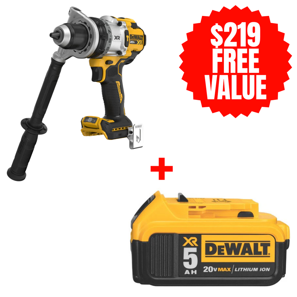 DEWALT DCD1007B + DCB205, 20V MAX* XR BRUSHLESS CORDLESS 1/2 in. 3-SPEED HAMMER DRILL (Tool Only) + FREE 20V MAX LITHIUM ION BATTERY (5.0 Ah)
