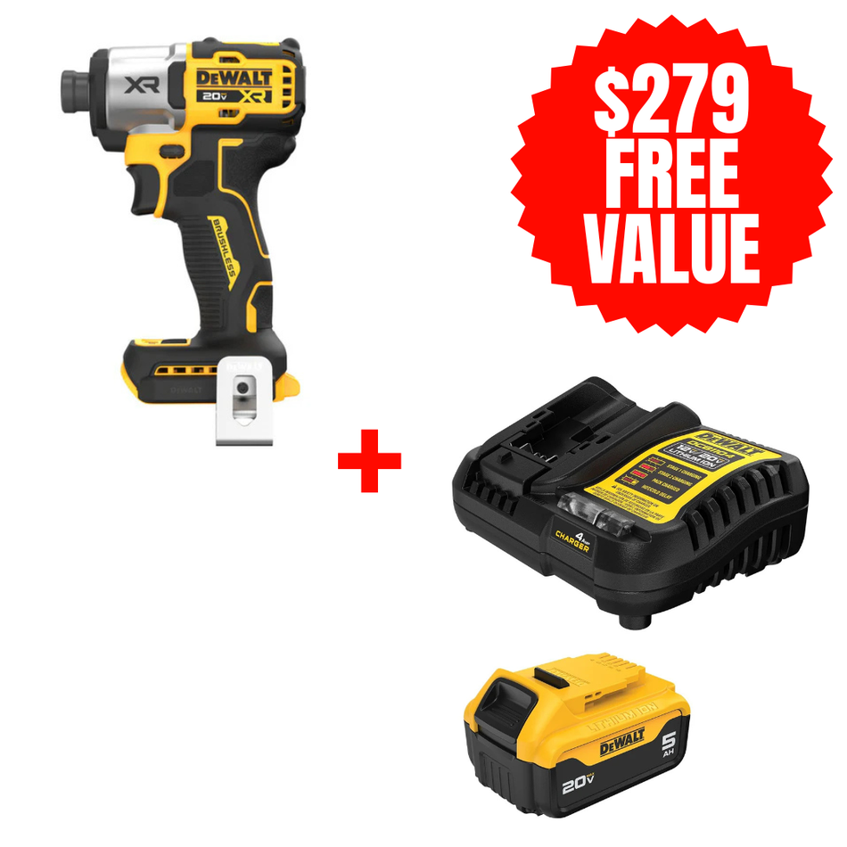DCF845B + DCB205C, 20V MAX XR 1/4" 3-Speed Impact Driver (Tool Only) + FREE 20V MAX 5.0 AH STARTER KIT