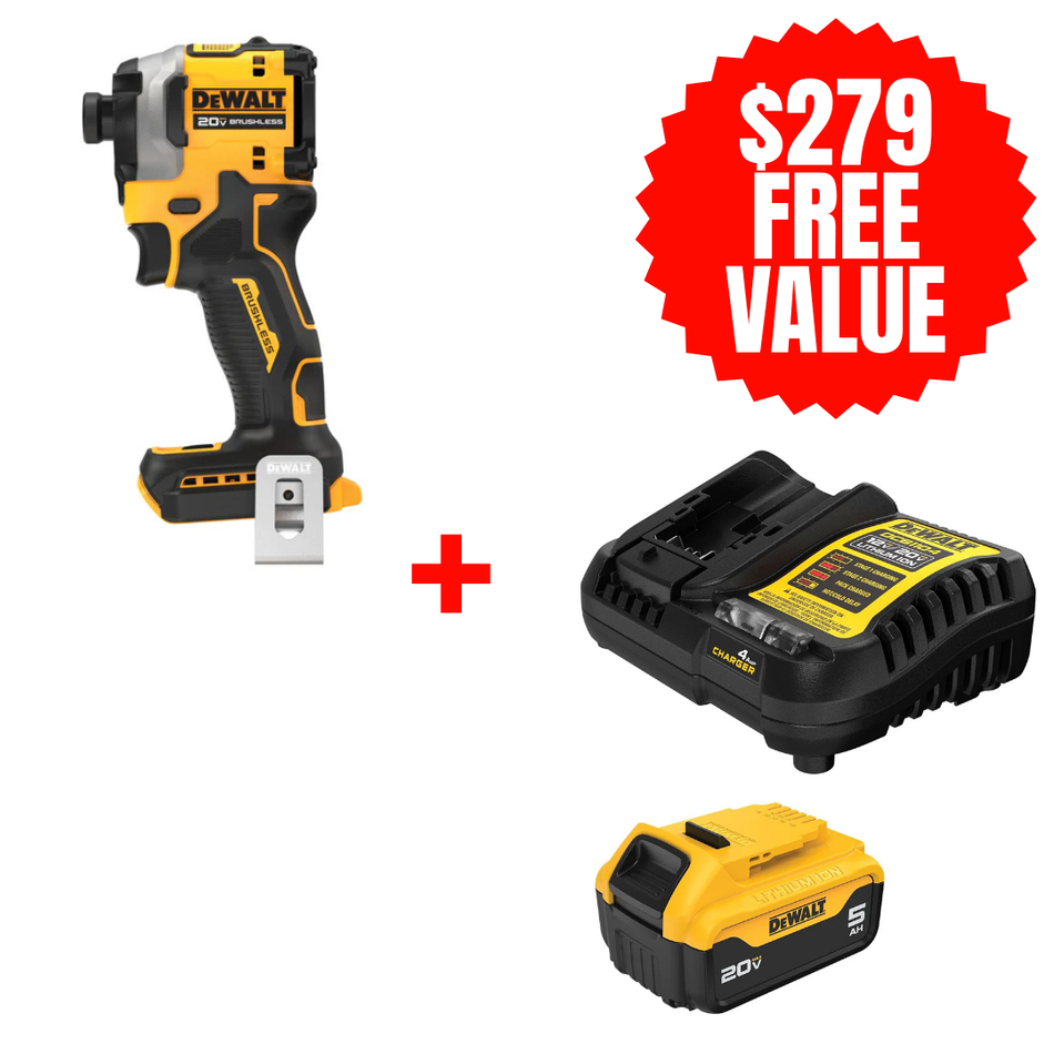 DCF850B + DCB205C, Atomic 20V MAX* 1/4 in. Brushless Cordless 3-Speed Impact Driver (Tool Only) + FREE 20V MAX 5.0 AH STARTER KIT