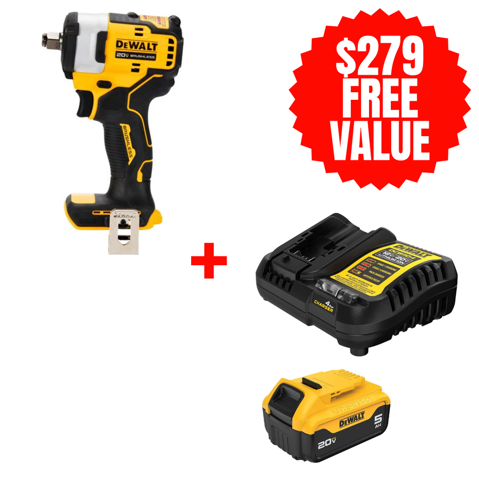 DCF911B + DCB205C, 20V MAX* 1/2" Impact Wrench with Hog Ring Anvil (Tool Only) + FREE 20V MAX 5.0 AH STARTER KIT