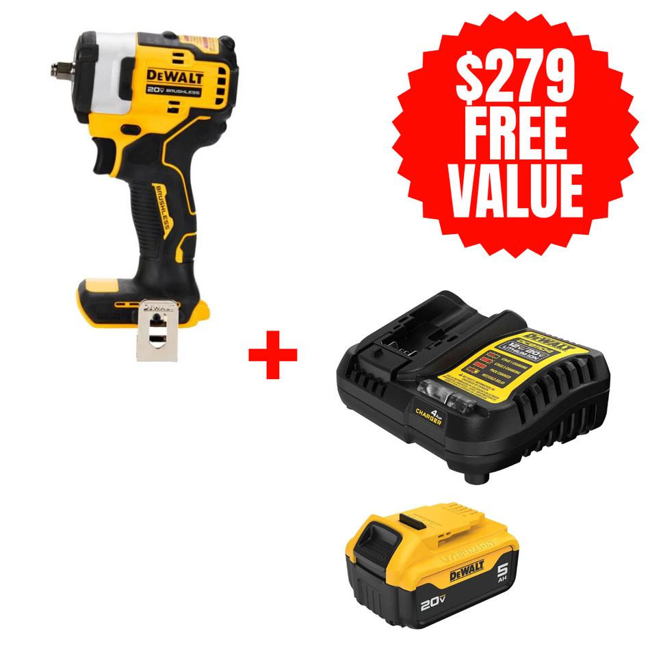 DCF913B + DCB205C, 20V MAX 3/8 CMPCT IMP WRENCH (Tool Only) + FREE 20V MAX 5.0 AH STARTER KIT