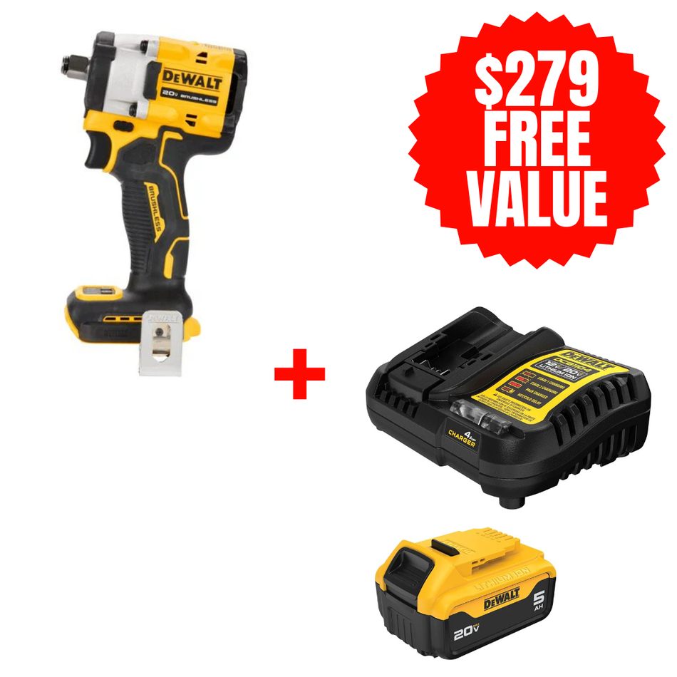 DCF921B + DCB205C, 20V Max 1/2” Hog Ring Atomic Compact Impact Wrench + FREE 20V MAX 5.0 AH STARTER KIT