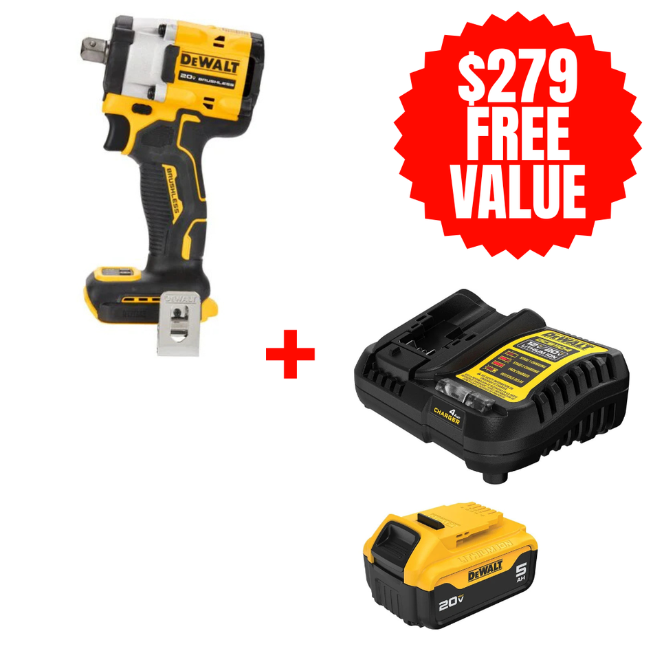 DCF922B + DCB205C, 20V Max 1/2” Detent Pin Atomic Compact Impact Wrench + FREE 20V MAX 5.0 AH STARTER KIT