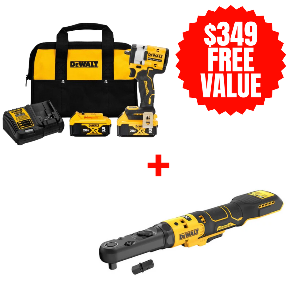 DEWALT DCF923P2 + DCF510B, 20V MAX 3/8" ATOMIC IMPACT WR KIT + FREE 20V MAX* XR 3/8” / ½” SEALED HEAD RACHET (Tool Only)