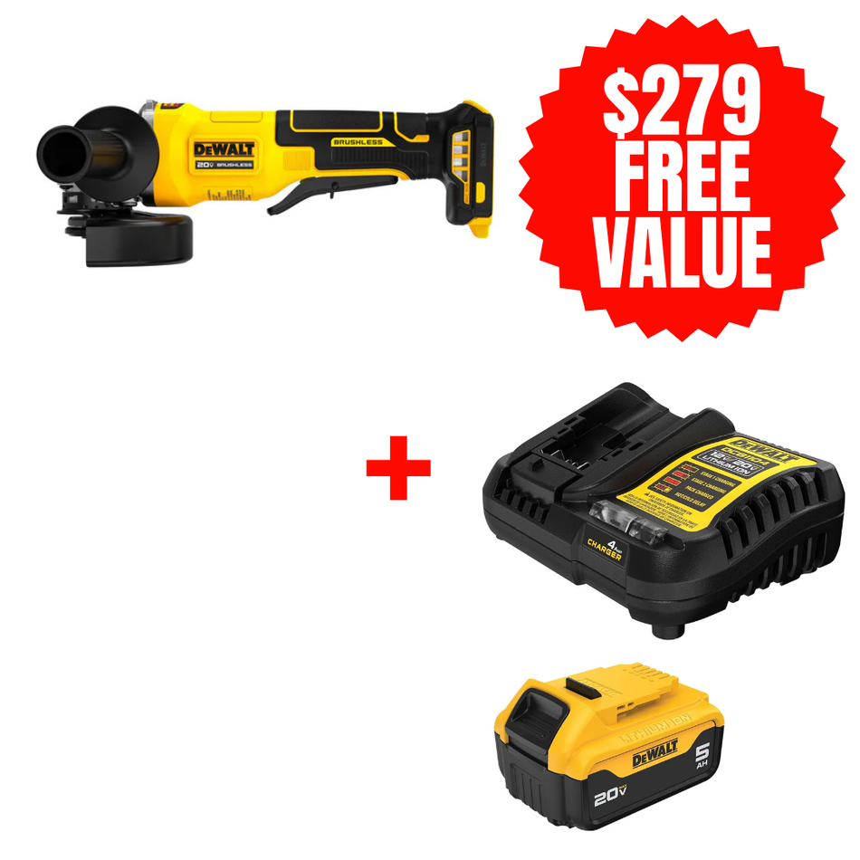 DCG408B + DCB205C, 20V MAX* Brushless Cordless 4 1/2 in. Paddle-Switch Grinder (Tool Only) + FREE 20V MAX 5.0 AH STARTER KIT