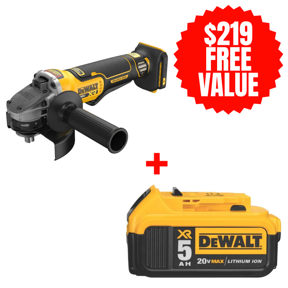 DEWALT DCG410B + DCB205, 20V MAX* XR® BRUSHLESS CORDLESS 4-1/2 - 5 IN. ANGLE GRINDER (TOOL ONLY) + FREE 20V MAX LITHIUM ION BATTERY (5.0 Ah)