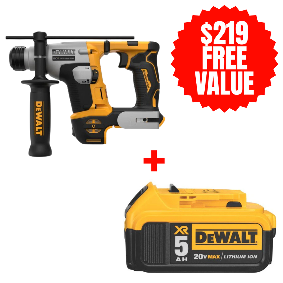 DEWALT DCH172B + DCB205, ATOMIC 20V MAX 5/8'' BRUSHLESS SDS PLUS ROTARY HAMMER (Tool Only) + FREE 20V MAX LITHIUM ION BATTERY (5.0 Ah)