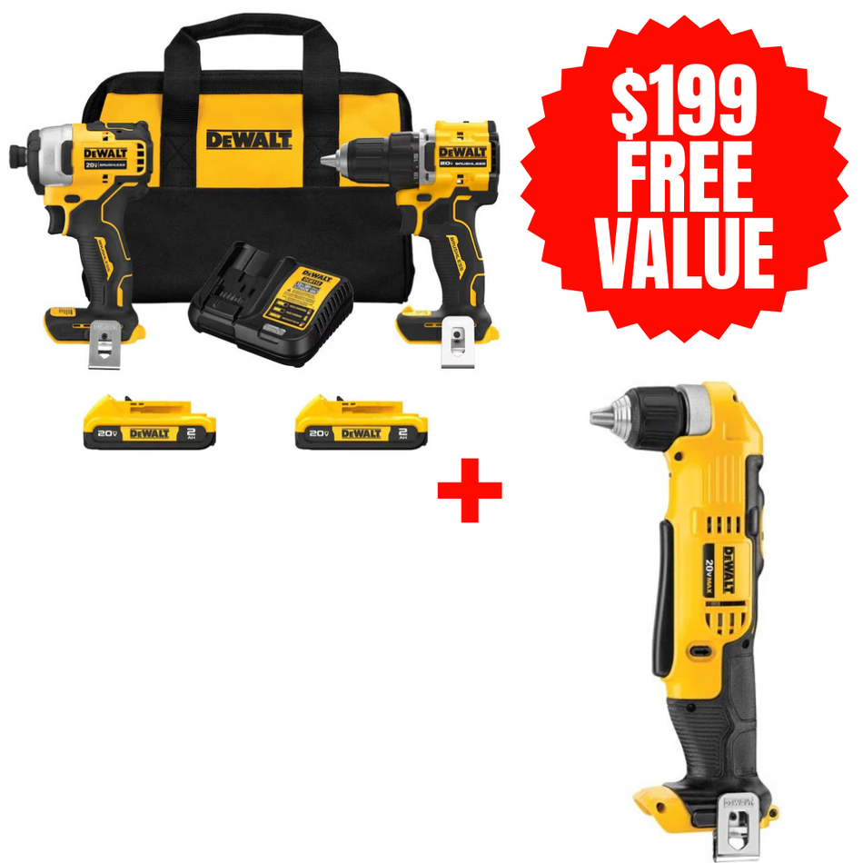 DEWALT DCK225D2 + DCD740B, 20V MAX ATOMIC Brushless Compact 1/2in Drill Driver and Impact Driver 2-Tool Combo Kit + FREE 20V MAX Lithium Ion 3/8 Right Angle Drill/Driver (Tool Only)