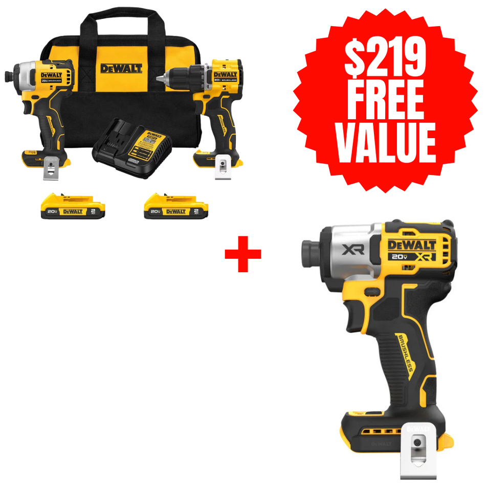 DEWALT DCK225D2 + DCF845B, 20V MAX ATOMIC Brushless Compact 1/2in Drill Driver and Impact Driver 2-Tool Combo Kit + FREE 20V MAX XR 1/4" 3-Speed Impact Driver (Tool Only)