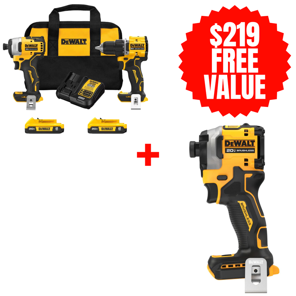 DEWALT DCK225D2 + DCF850B, 20V MAX ATOMIC Brushless Compact 1/2in Drill Driver and Impact Driver 2-Tool Combo Kit + FREE Atomic 20V MAX* 1/4 in. Brushless Cordless 3-Speed Impact Driver (Tool Only)