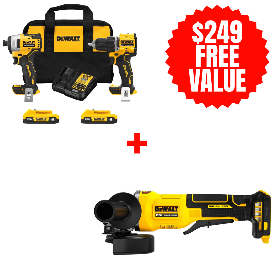 DEWALT DCK225D2 + DCG408B, 20V MAX ATOMIC Brushless Compact 1/2in Drill Driver and Impact Driver 2-Tool Combo Kit + FREE 20V MAX* Brushless Cordless 4 1/2 in. Paddle-Switch Grinder (Tool Only)