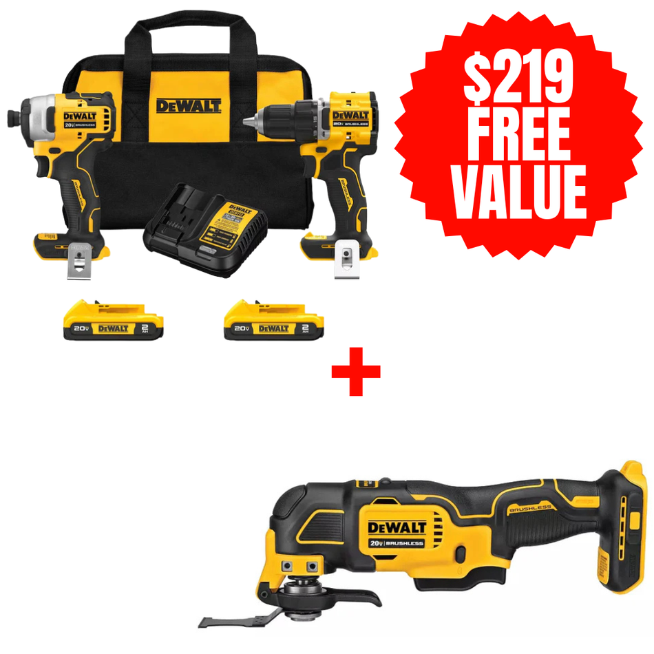 DEWALT DCK225D2 + DCS354B, 20V MAX ATOMIC Brushless Compact 1/2in Drill Driver and Impact Driver 2-Tool Combo Kit + FREE ATOMIC 20V MAX Brushless Oscillating Multi-Tool (Tool Only)
