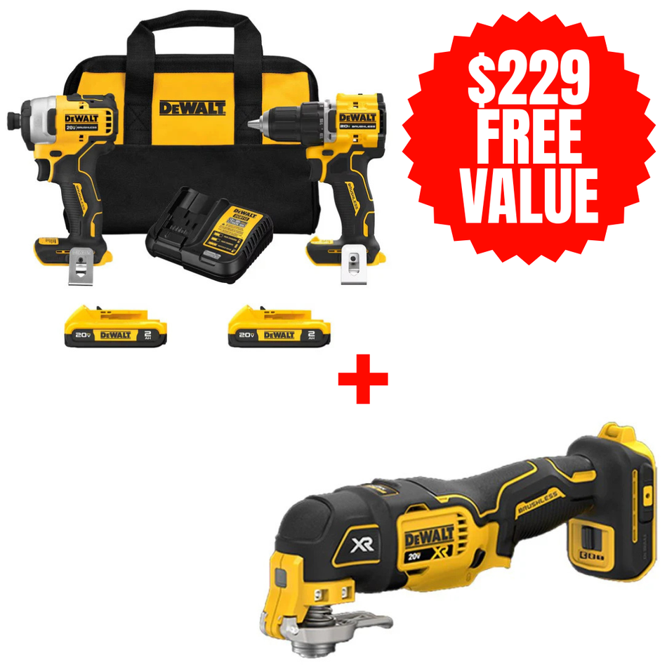 DEWALT DCK225D2 + DCS356B, 20V MAX ATOMIC Brushless Compact 1/2in Drill Driver and Impact Driver 2-Tool Combo Kit + FREE 20V MAX XR Brushless 3-Speed Oscillating Multi-Tool(Tool Only)