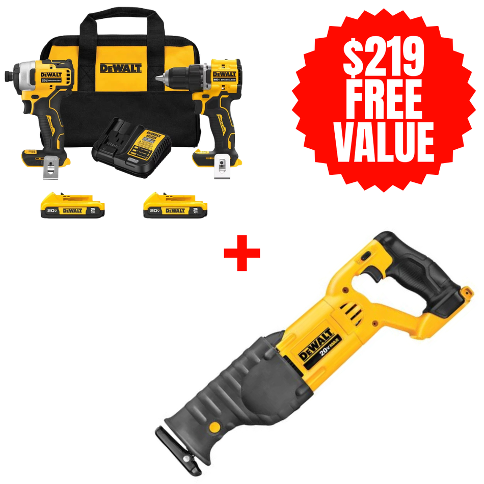 Dewalt DCK225D2 + DCS380B, 20V MAX ATOMIC Brushless Compact 1/2in Drill Driver and Impact Driver 2-Tool Combo Kit + FREE 20V MAX RECIPROCATING SAW (Tool Only)