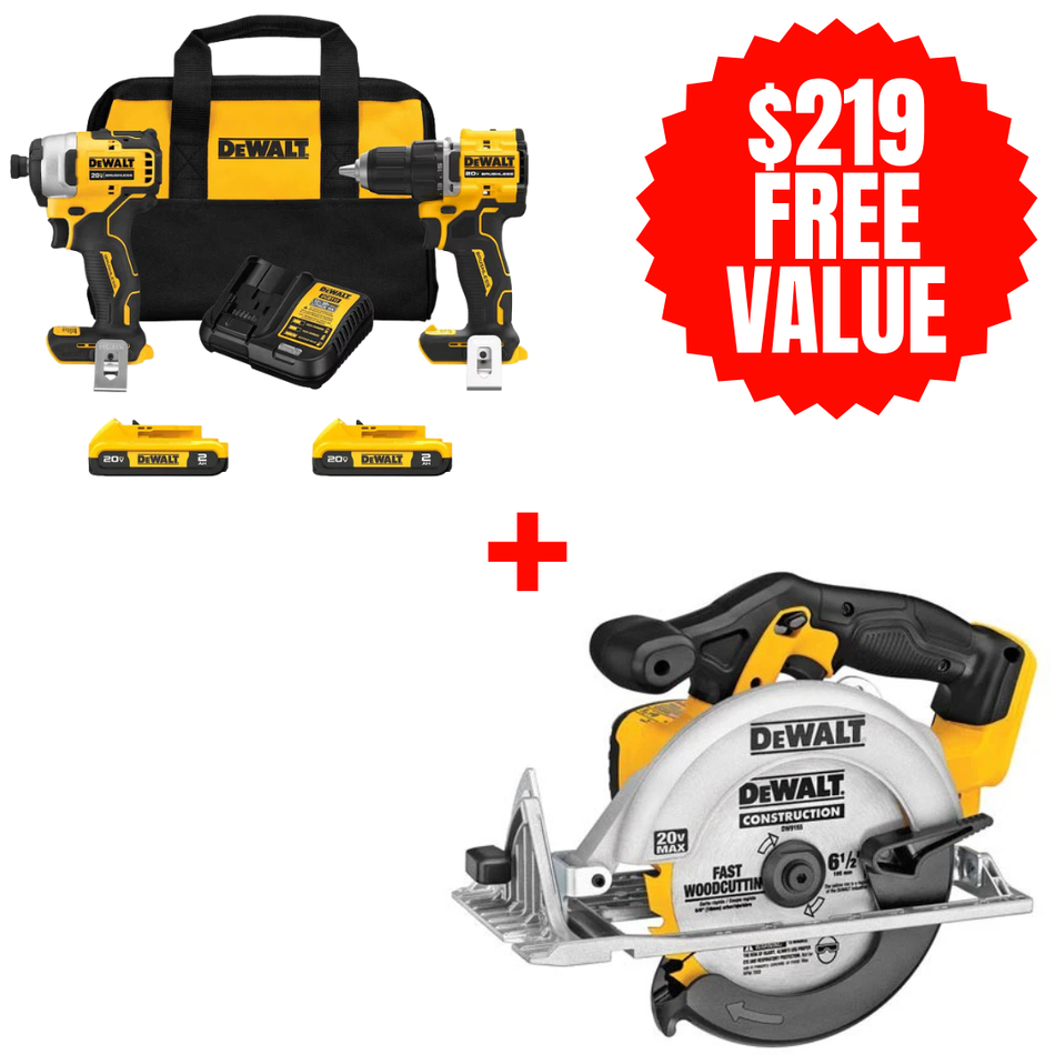 DEWALT DCK225D2 + DCS391B, 20V MAX ATOMIC Brushless Compact 1/2in Drill Driver and Impact Driver 2-Tool Combo Kit + FREE DEWALT DCS391B, 20V MAX 6-1/2'' CIRCULAR SAW (Tool Only)