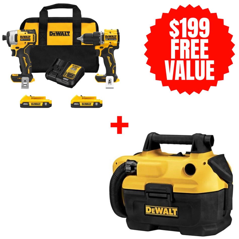 DEWALT DCK225D2 + DCV580H, 20V MAX ATOMIC Brushless Compact 1/2in Drill Driver and Impact Driver 2-Tool Combo Kit + FREE 18/20V MAX Cordless Wet-Dry Vacuum