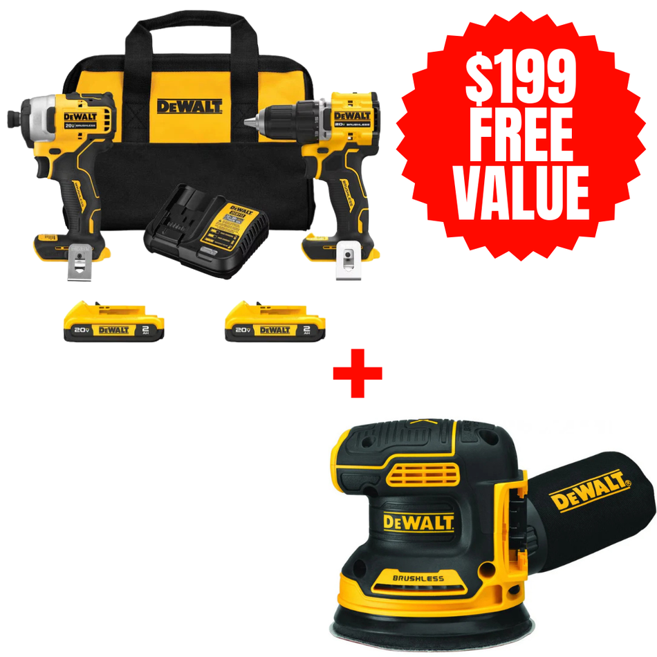 Dewalt DCK225D2 + DCW210B, 20V MAX ATOMIC Brushless Compact 1/2in Drill Driver and Impact Driver 2-Tool Combo Kit + FREE 20V MAX XR 5'' VS ROS WITH HOOK & LOOP PAD AND DUST COLLECTION (Tool Only)
