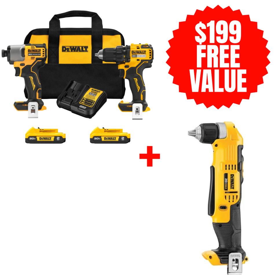 DEWALT DCK227D2 + DCD740B, 20V Max Brushless Cordless Drill/Driver And Impact Driver Combo Kit + FREE 20V MAX Lithium Ion 3/8 Right Angle Drill/Driver (Tool Only)