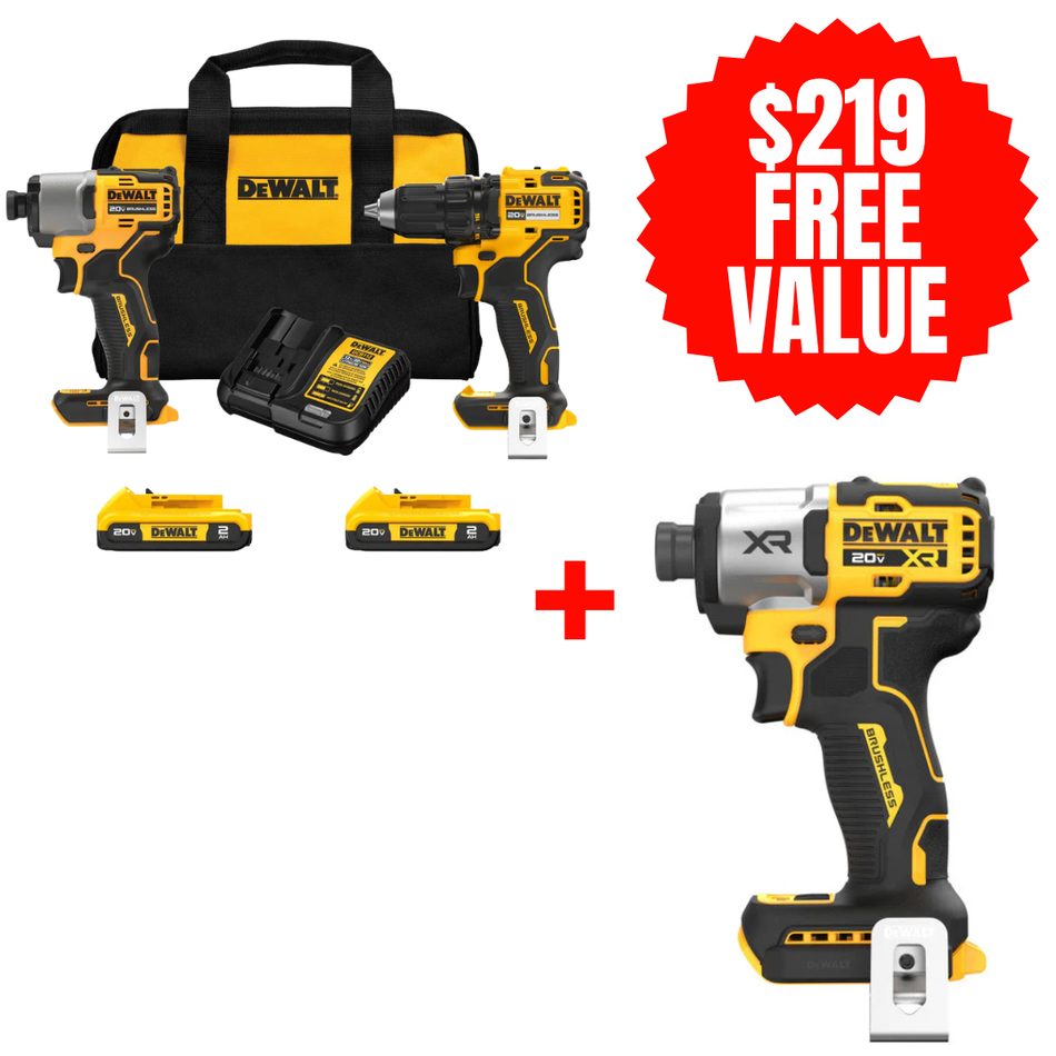 DEWALT DCK227D2 + DCF845B, 20V Max Brushless Cordless Drill/Driver And Impact Driver Combo Kit + FREE 20V MAX XR 1/4" 3-Speed Impact Driver (Tool Only)