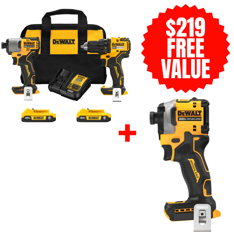 DEWALT DCK227D2 + DCF850B, 20V Max Brushless Cordless Drill/Driver And Impact Driver Combo Kit + FREE Atomic 20V MAX* 1/4 in. Brushless Cordless 3-Speed Impact Driver (Tool Only)