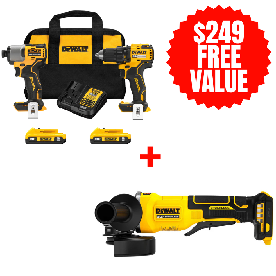 DEWALT DCK227D2 + DCG408B, 20V Max Brushless Cordless Drill/Driver And Impact Driver Combo Kit _20V Max Brushless Cordless Drill/Driver And Impact Driver Combo Kit + FREE 20V MAX* Brushless Cordless 4 1/2 in. Paddle-Switch Grinder (Tool Only)