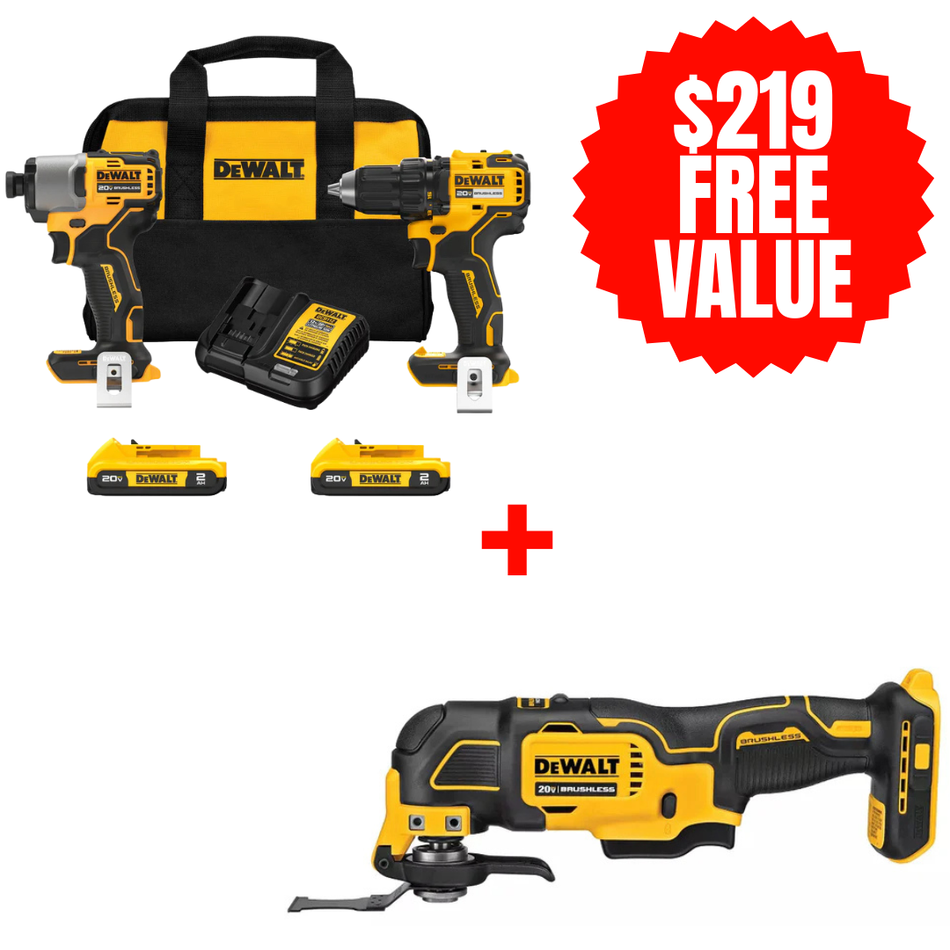 DEWALT DCK227D2 + DCS354B, 20V Max Brushless Cordless Drill/Driver And Impact Driver Combo Kit + FREE ATOMIC 20V MAX Brushless Oscillating Multi-Tool (Tool Only)