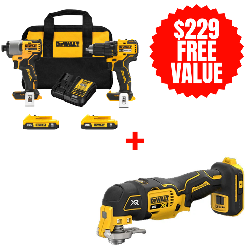 DEWALT DCK227D2 + DCS356B, 20V Max Brushless Cordless Drill/Driver And Impact Driver Combo Kit + FREE 20V MAX XR Brushless 3-Speed Oscillating Multi-Tool(Tool Only)
