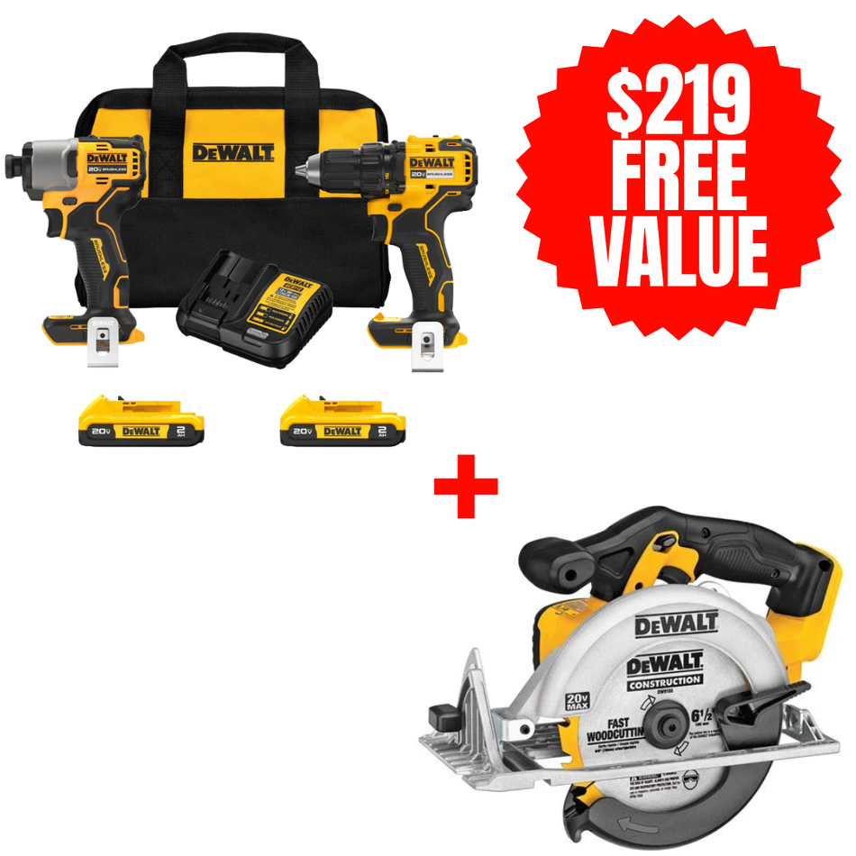 DEWALT DCK227D2 + DCS391B, 20V Max Brushless Cordless Drill/Driver And Impact Driver Combo Kit + FREE 20V MAX 6-1/2'' CIRCULAR SAW (Tool Only)