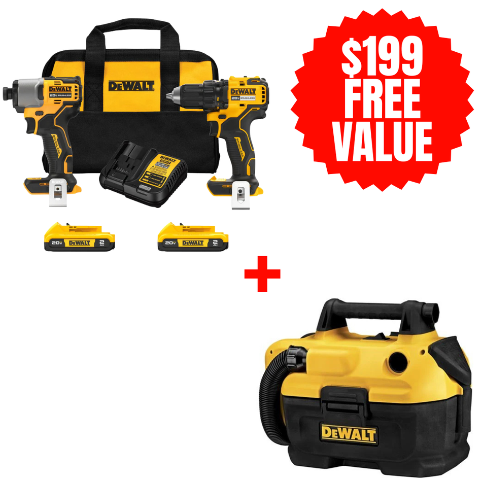 DEWALT DCK227D2 + DCV580H, 20V Max Brushless Cordless Drill/Driver And Impact Driver Combo Kit + FREE 18/20V MAX Cordless Wet-Dry Vacuum