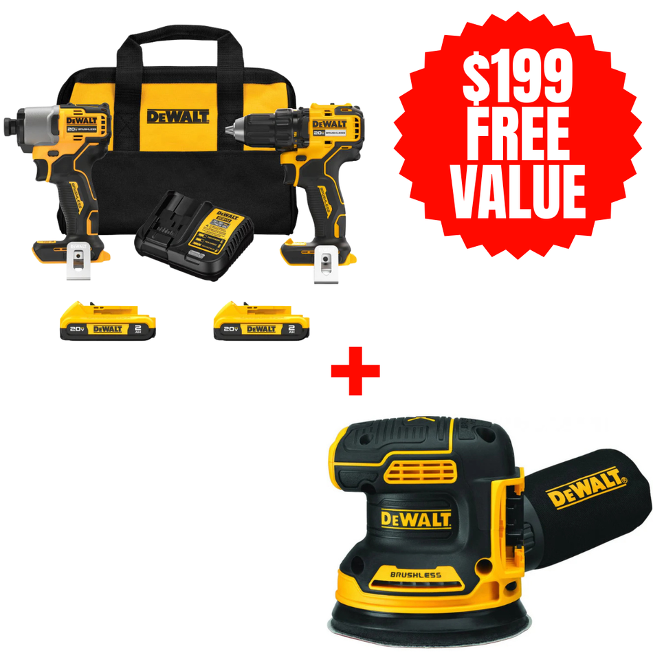 DEWALT DCK227D2 + DCW210B, 20V Max Brushless Cordless Drill/Driver And Impact Driver Combo Kit + FREE 20V MAX XR 5'' VS ROS WITH HOOK & LOOP PAD AND DUST COLLECTION (Tool Only)