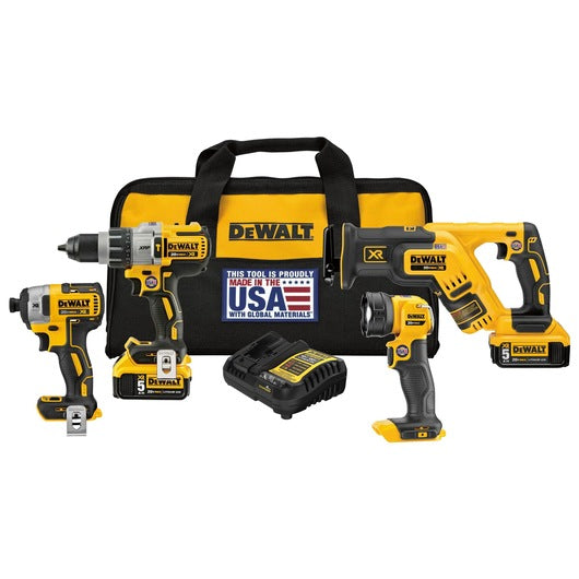 DEWALT DCK494P2, 20V MAX XR 4 Tool (DCD996, DCF887, DCS367 Recip, DCL040) w/ 2 Batteries (5.0Ah) and Bag