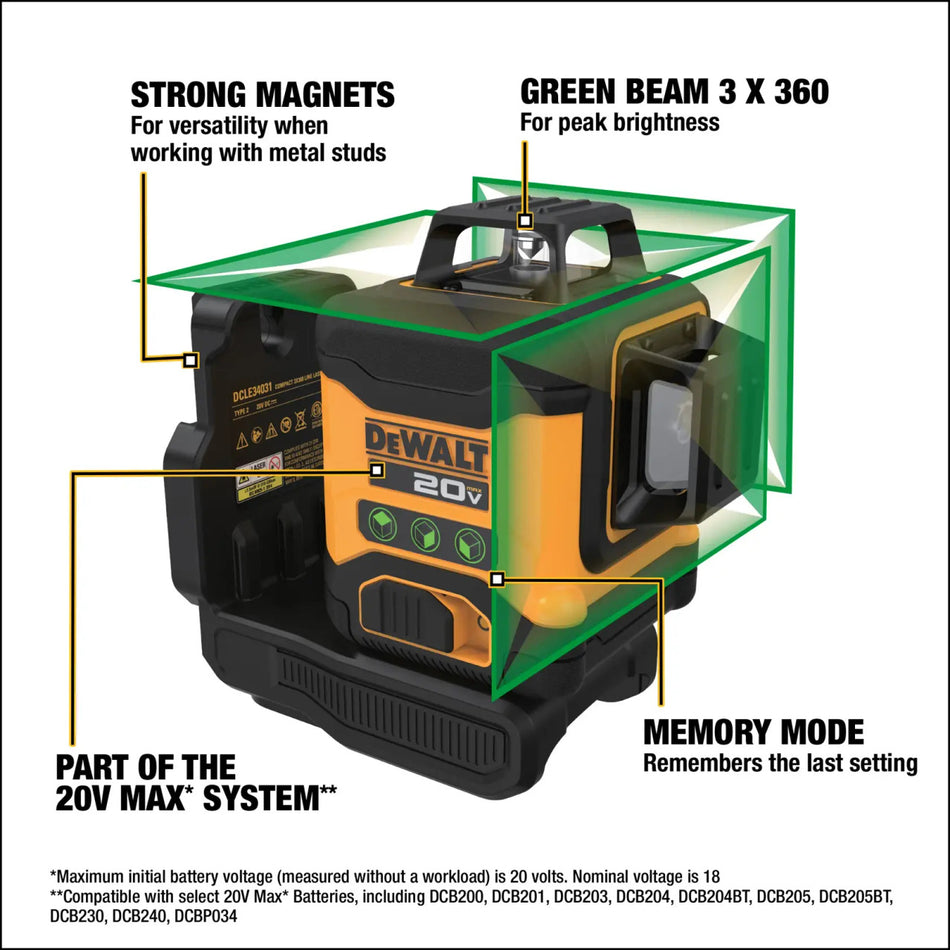 DEWALT DCLE34031B, 20V 3X360 Line Laser (Tool Only)
